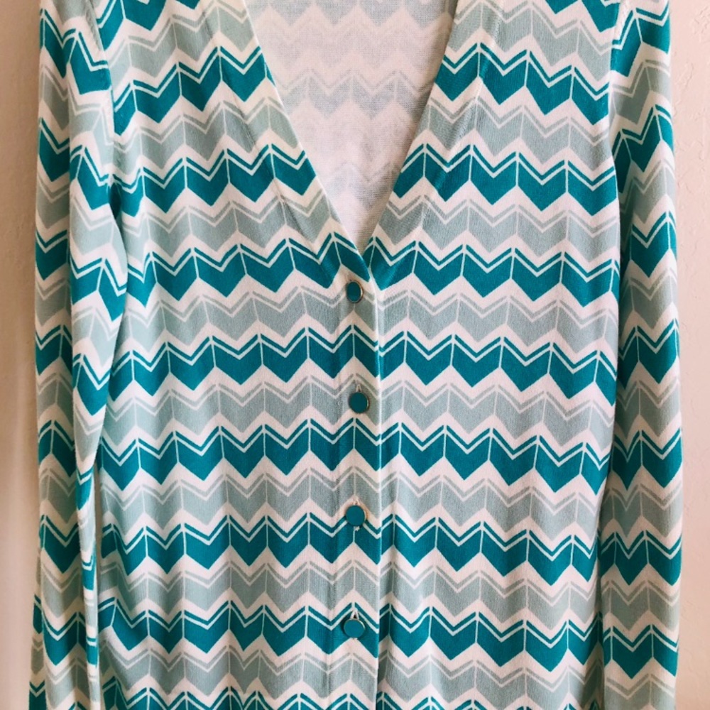 Lands' End Teal and White Chevron Knit Sweater, sz smal